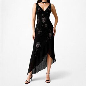 Vintage Black Silk Floral Beaded Embroidered Midi Ruffle Prom Dress Size M